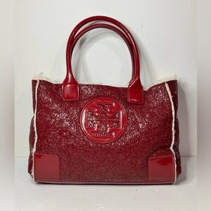 Tory Burch Ella Red Patent Leather Trim Shearling Tote Bag READ DESCRIPTION!